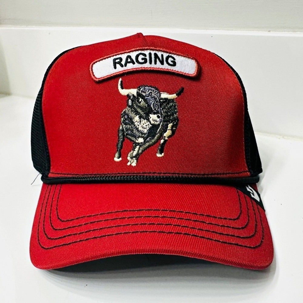 Goorin Bros The Farm Raging Bull Patch Trucker Hat Red/Black Mesh Back Adj